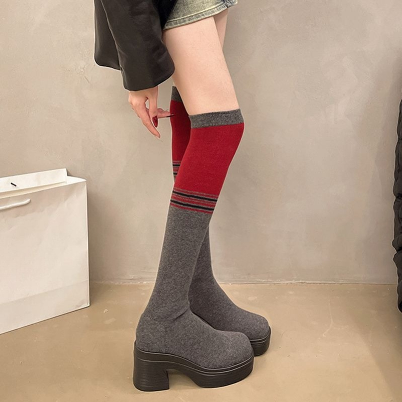 Knee High Sock Women - Overknee-Sockenstiefel für Damen mit klobigem Absatz,