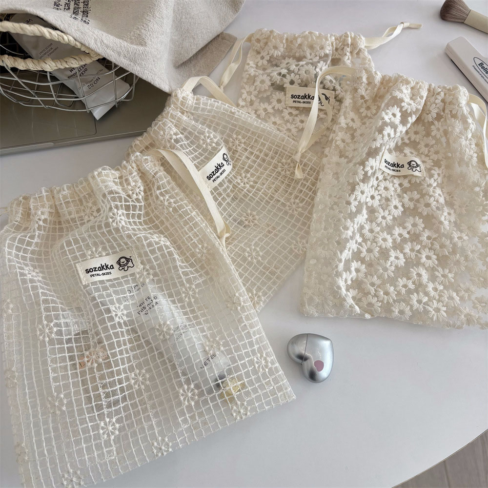 Sock Organizer Tray - Spitzenbestickte Gänseblümchen-Netz-Kordelzug-Kosmetiktasche – Sommer-Reise-Organizer für Toilettenartikel,